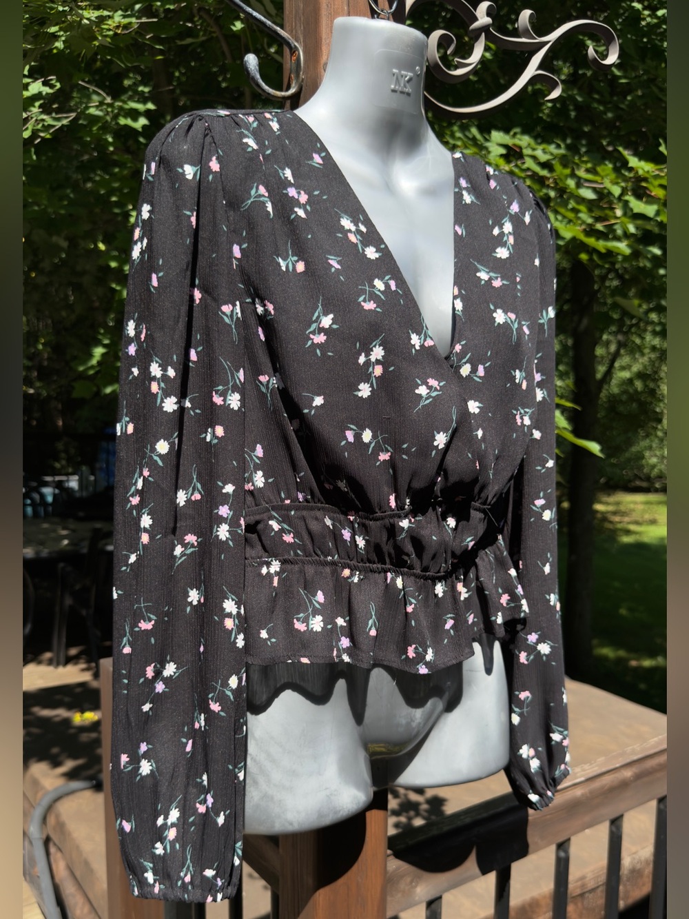 Dynamite Black Floral Wrap Peplum Blouse Long Sleeve | Size P/S - Picture 4 of 9
